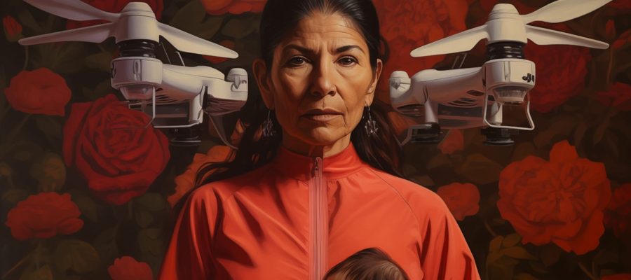 Painting of a mother holding a baby, flanked by drones against a background of roses