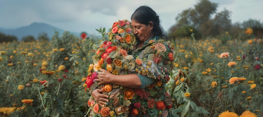 A woman wrapped in flowers standing in a field of marigolds